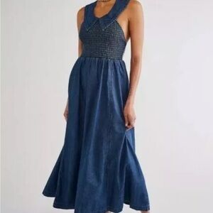 Free People Bambi Girl Midi Maxi Dress Blue Denim Collar Smocked Bust S